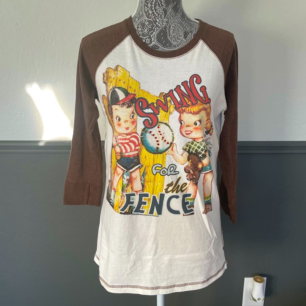 Swing for the Fence Baseball Raglan Tee Women’s Large Retro Rhinestone3/4 Sleeve
